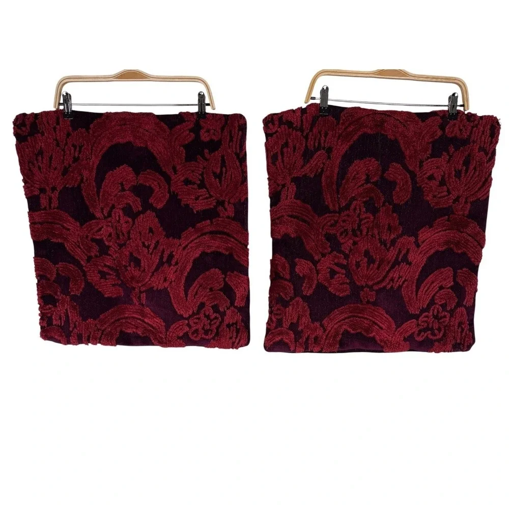 Pottery Barn Set of 2  Burgundy Red Damask Texture 22x22 Pillow Covers